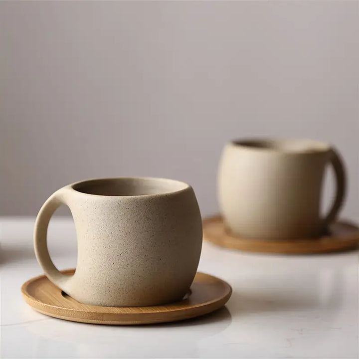 ClayHaven - Taza De Café De Cerámica Con Platillo de Madera