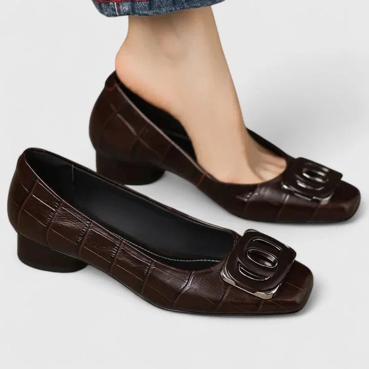 Antia - Elegantes Zapatos Planos Con Puntera Cuadrada Hebilla y Tacón Bajo