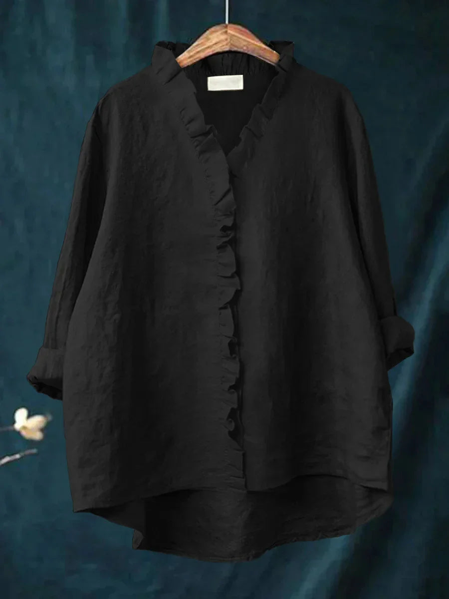 Sanela - Camisa Casual de Algodón y Lino con Volantes