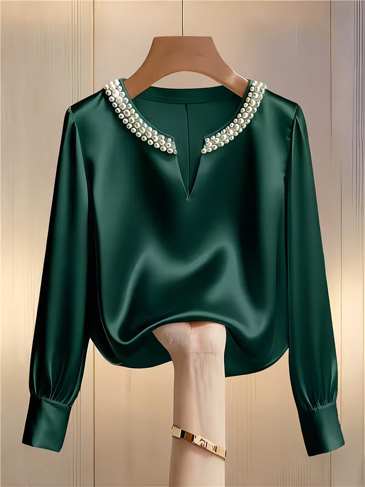 Avinaya - Elegante Camisa de Manga Larga Con Cuello Redondo y Perlas