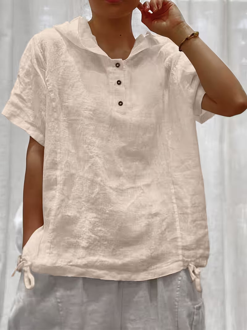 Bouchra - Camisa Holgada De Manga Corta De Color Liso Con Capucha Y Botones en La Parte Delantera