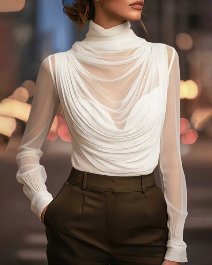 Jazmin - Blusa Transparente Drapeada De Cuello Alto