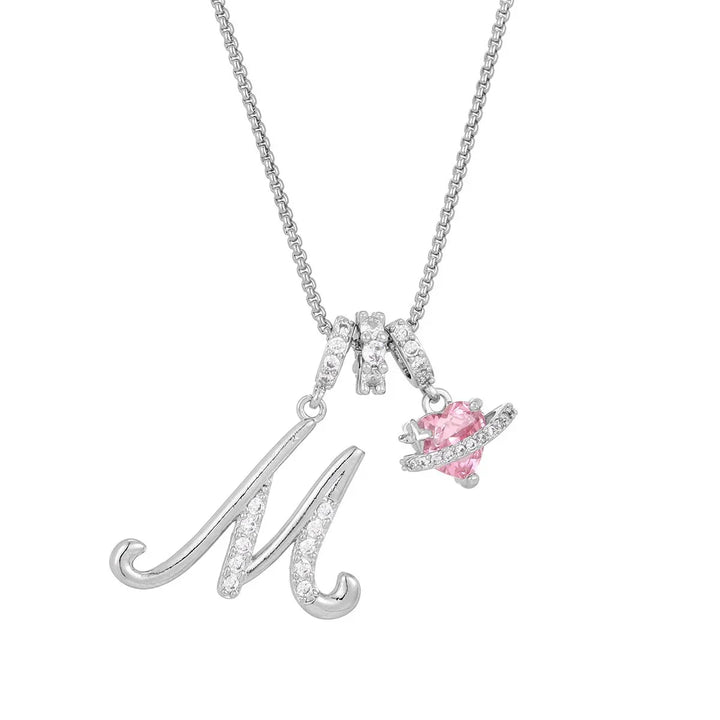 Nerute - Collar Con Inicial y Colgante de Corazón Rosa