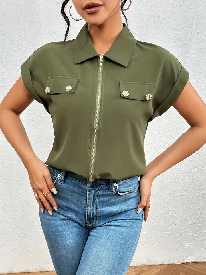Alfano - Elegante Manga Corta Blusa Con Cremallera