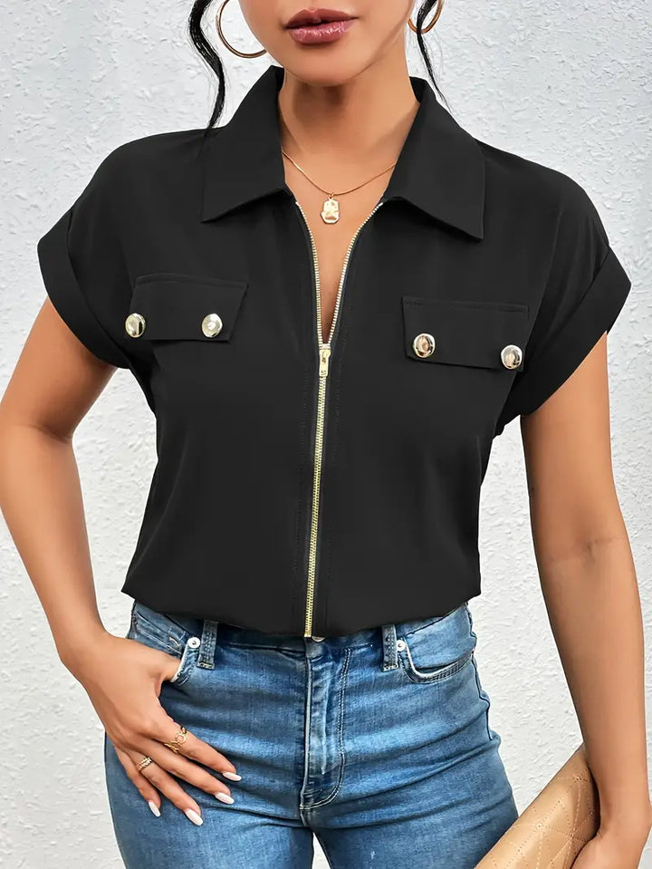 Alfano - Elegante Manga Corta Blusa Con Cremallera