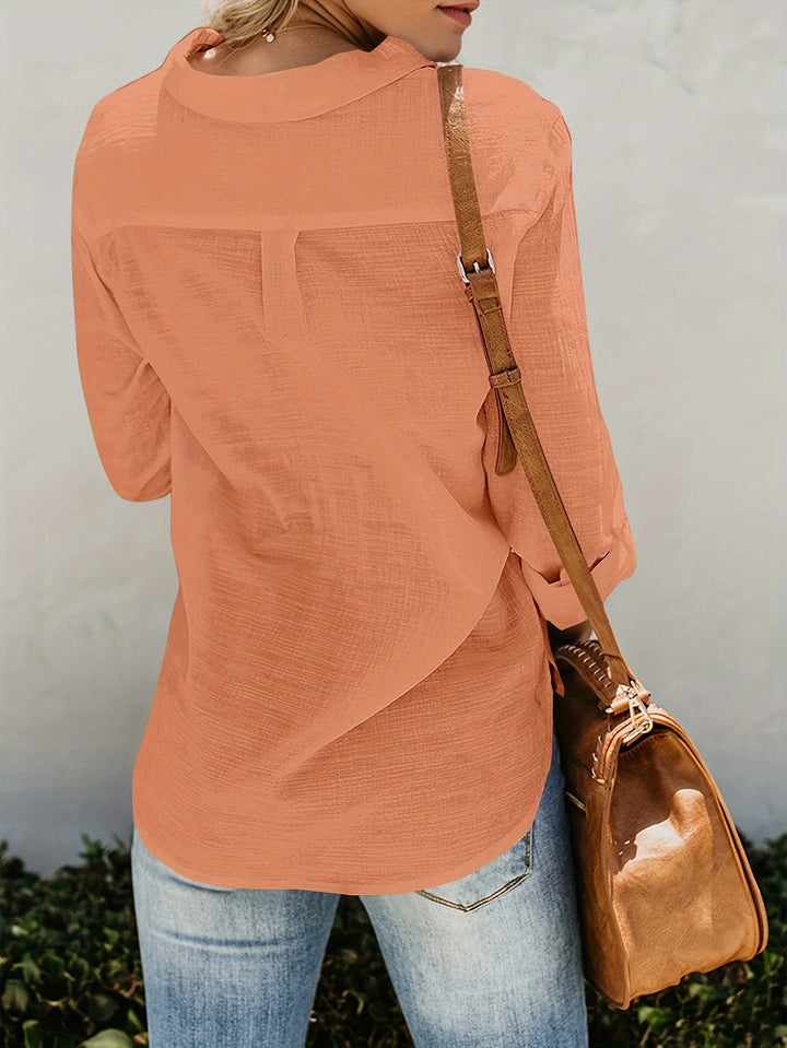 Priscilla - Blusa De Manga Larga Con Cuello En V y Botones En La Parte Delantera