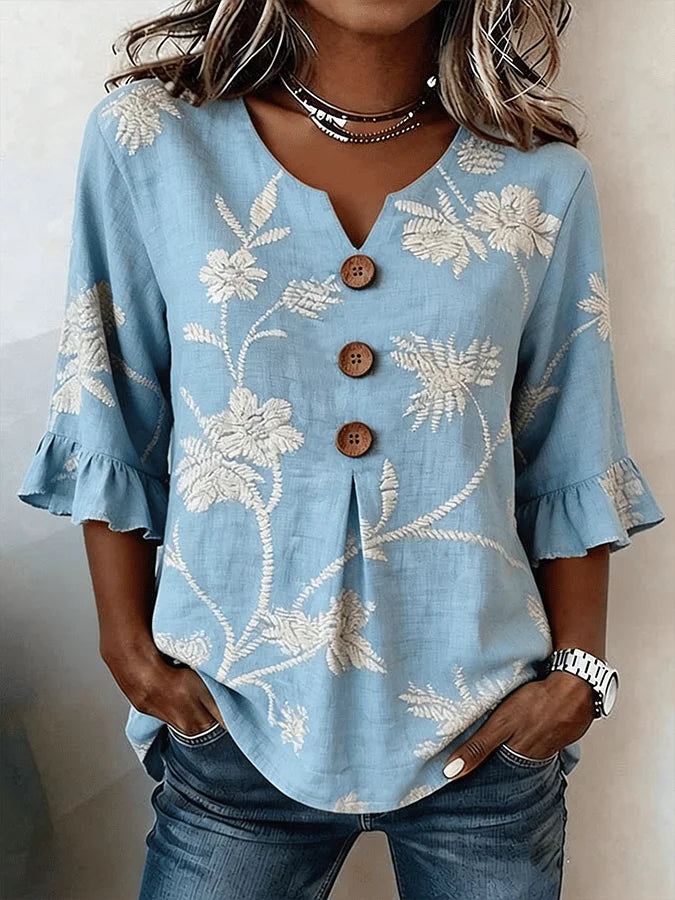 Bisila - Camisa Con Bordado Floral y Mangas Con Volantes