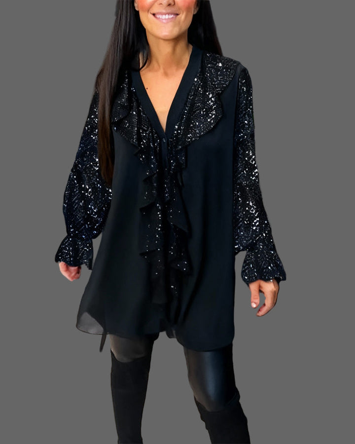 Moxie - Blusa con Volantes y Lentejuelas Brillantes con Cuello en V
