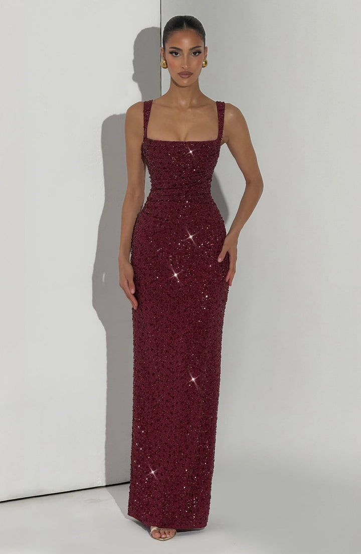 Rekina - Vestido Largo Con Cuello Cuadrado y Lentejuelas