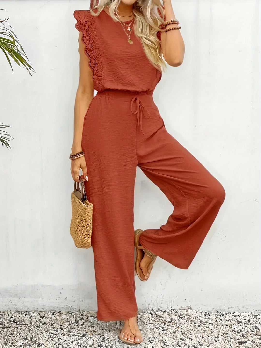 Ziva - Top Elegante De Encaje y Pantalón Ancho