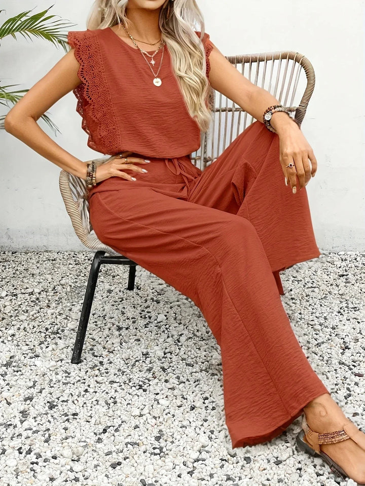 Ziva - Top Elegante De Encaje y Pantalón Ancho