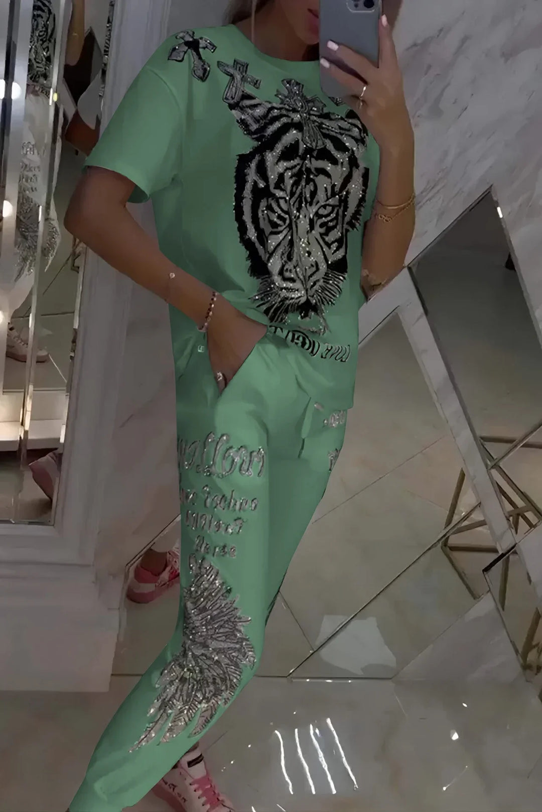 Quinzella - Conjunto de Top y Pantalones Estampados a la Moda