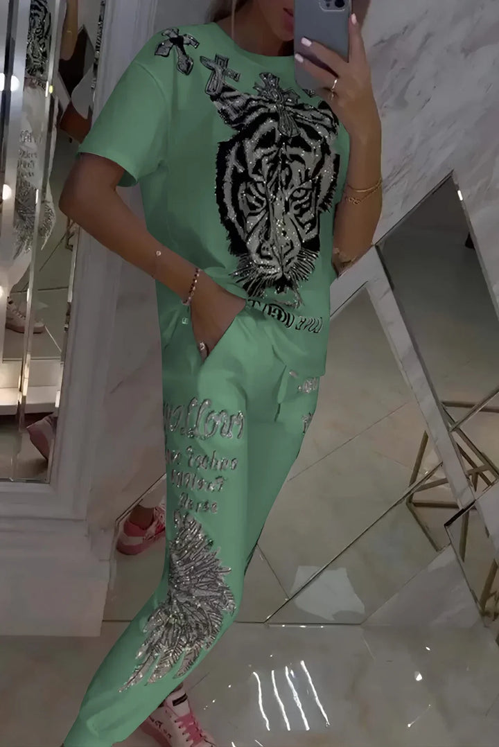 Quinzella - Conjunto de Top y Pantalones Estampados a la Moda