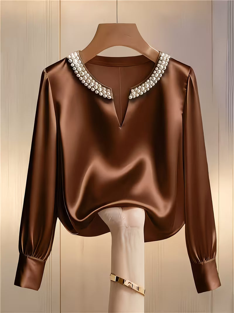 Avinaya - Elegante Camisa de Manga Larga Con Cuello Redondo y Perlas