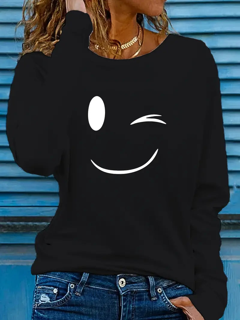 Odalina - Camiseta Informal Con Estampado Sonriente Guiño