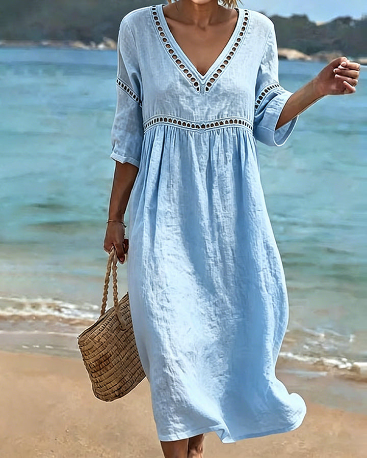 Mikela - Vestido Midi Con Cuello en V Y Adornos Calados