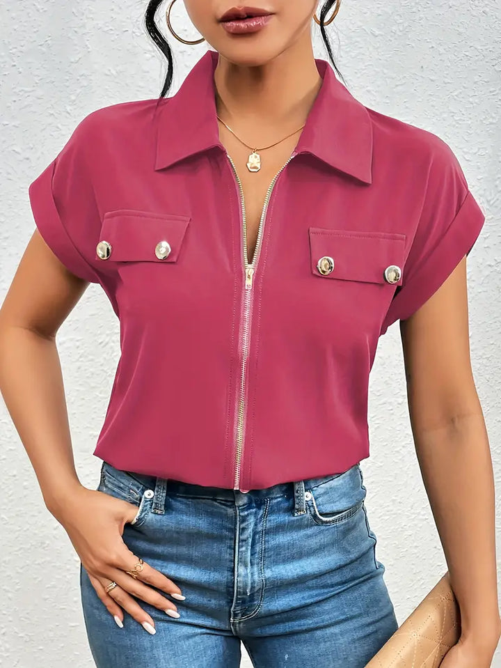 Alfano - Elegante Manga Corta Blusa Con Cremallera