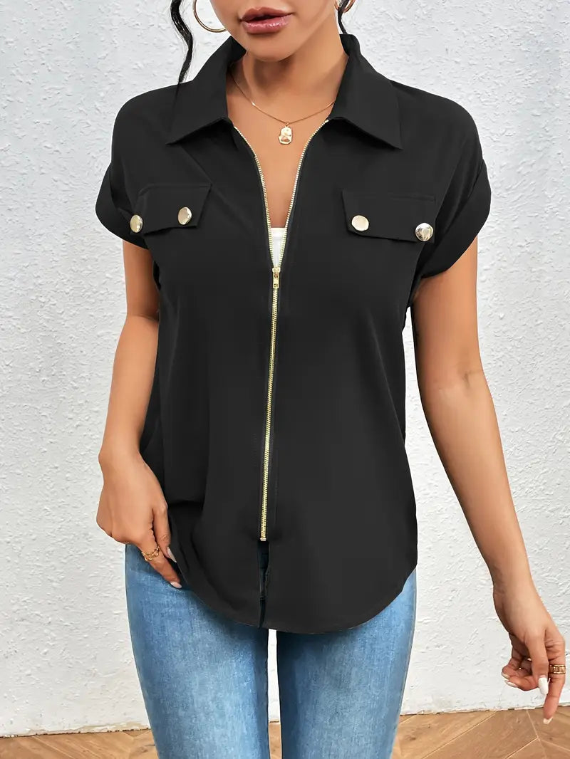 Alfano - Elegante Manga Corta Blusa Con Cremallera