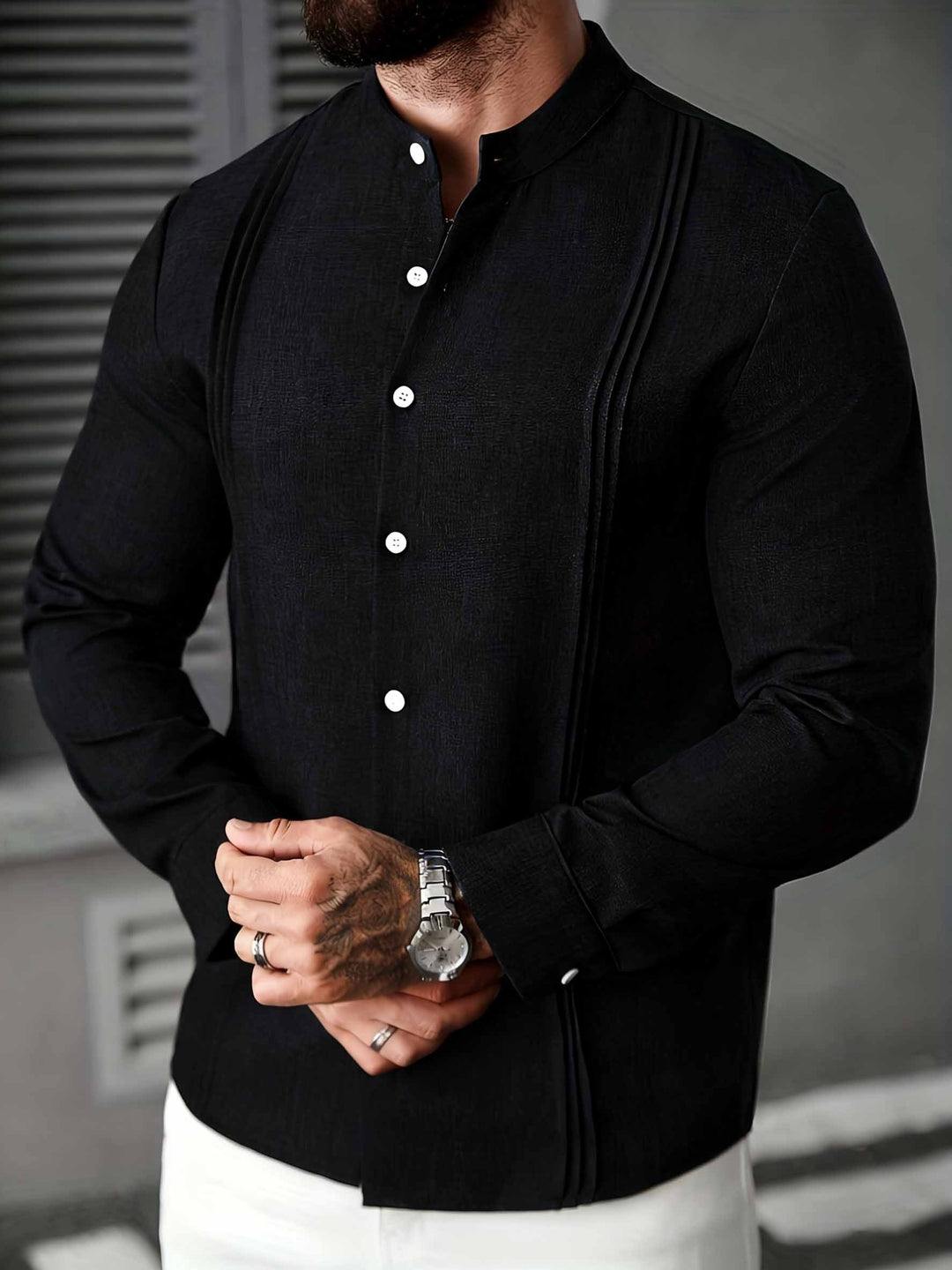 Elshan - Camisa De Manga Larga Con Cuello De Pie Y Botones