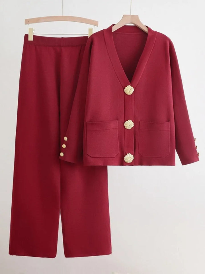 Marion - Conjunto de Dos Piezas de Punto y Cuello en V