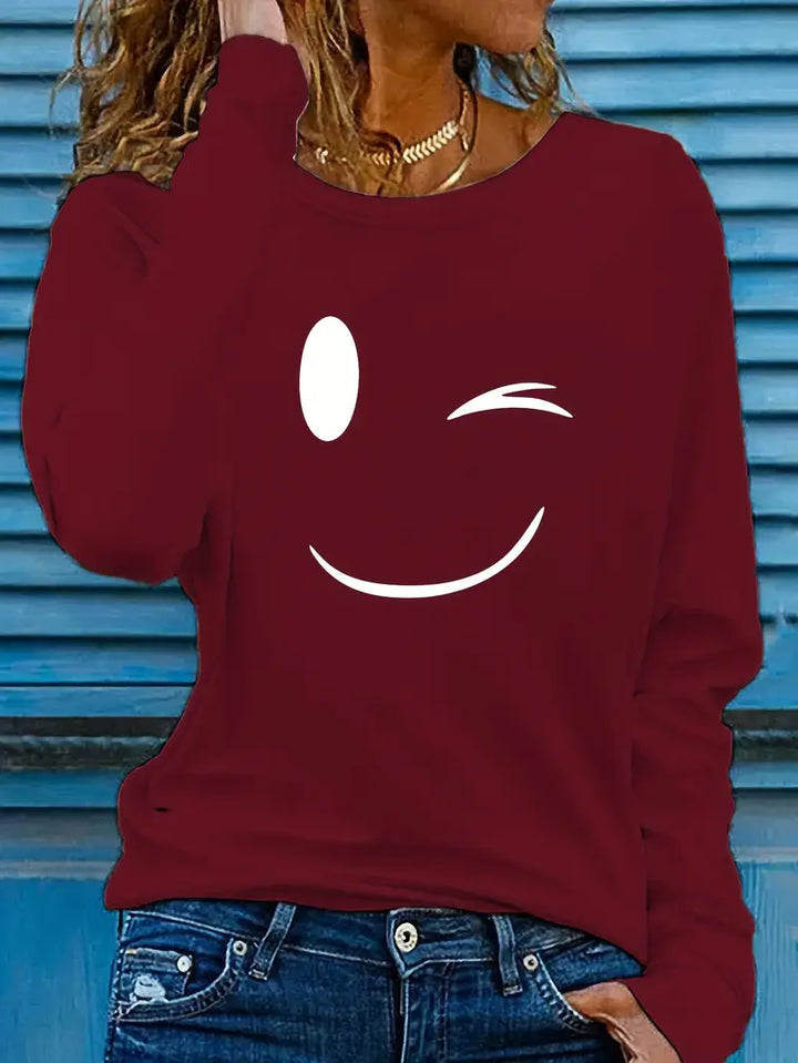Odalina - Camiseta Informal Con Estampado Sonriente Guiño