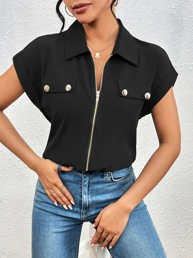 Alfano - Elegante Manga Corta Blusa Con Cremallera