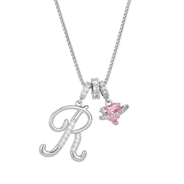 Nerute - Collar Con Inicial y Colgante de Corazón Rosa