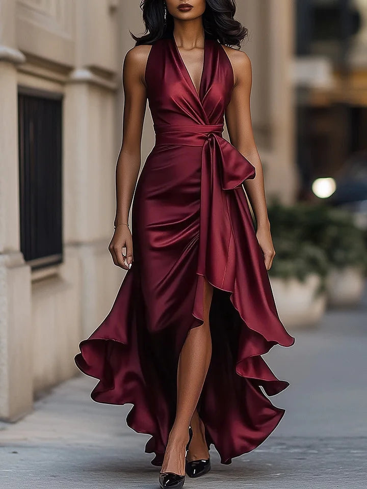 Sharipova - Elegante Vestido Sin Tirantes Con Volantes De Satén