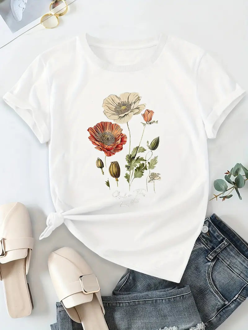 Aimilia - Elegante Camiseta De Manga Corta Con Estampado Floral