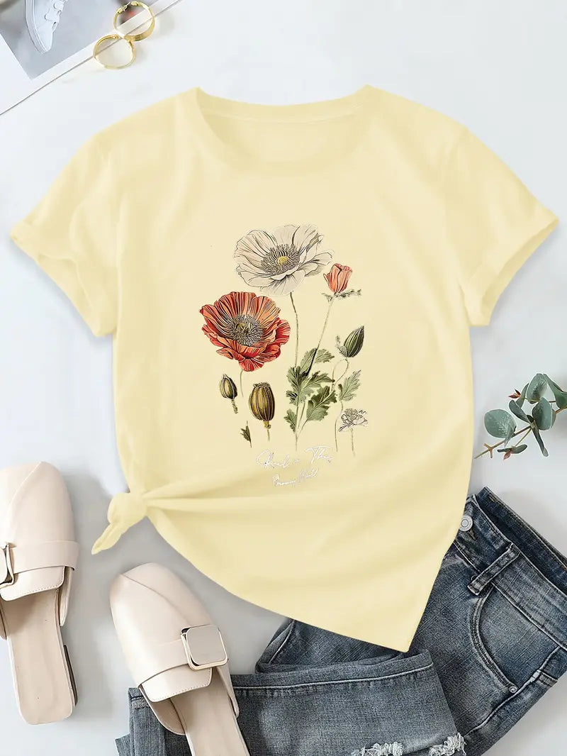Aimilia - Elegante Camiseta De Manga Corta Con Estampado Floral