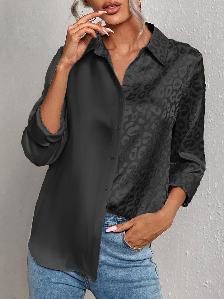 Gwendolyn - Camisa Abotonada De Satén Bicolor Con Estampado De Leopardo En Jacquard