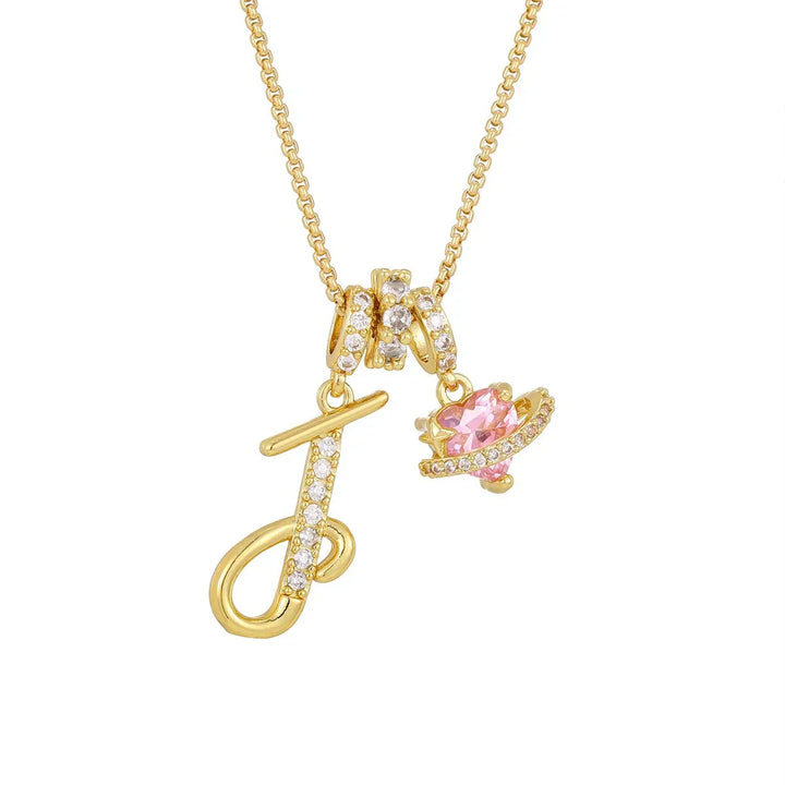 Nerute - Collar Con Inicial y Colgante de Corazón Rosa