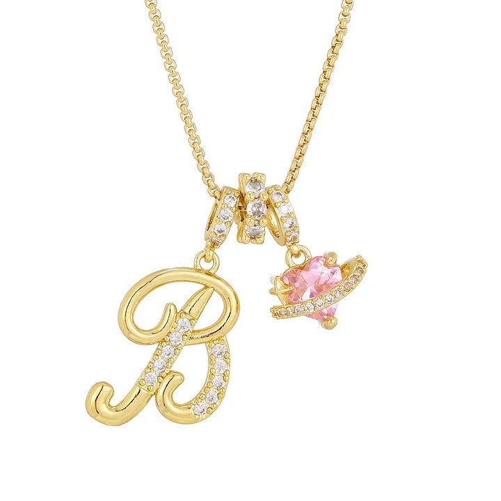 Nerute - Collar Con Inicial y Colgante de Corazón Rosa