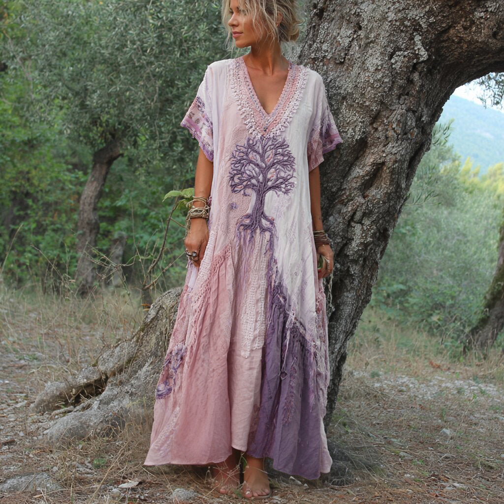 Winifred - Vestido De Manga Corta Con Estampado De Arboles Retro