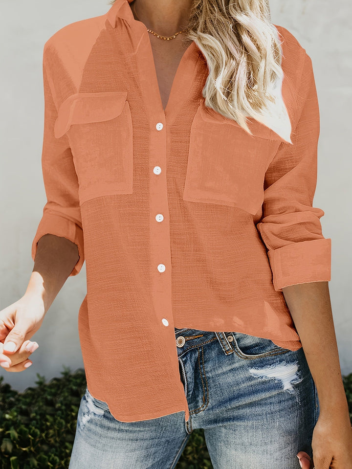 Priscilla - Blusa De Manga Larga Con Cuello En V y Botones En La Parte Delantera