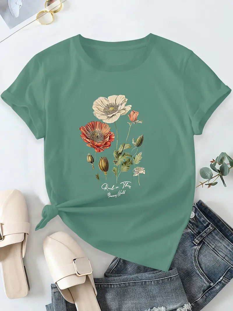 Aimilia - Elegante Camiseta De Manga Corta Con Estampado Floral