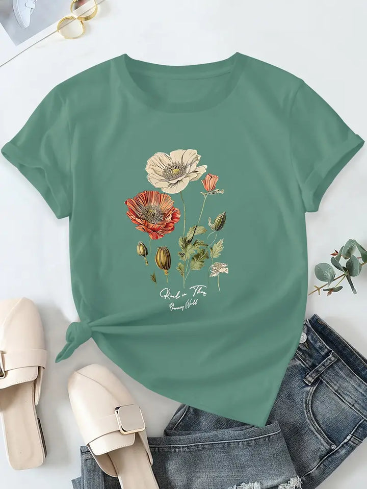 Aimilia - Elegante Camiseta De Manga Corta Con Estampado Floral