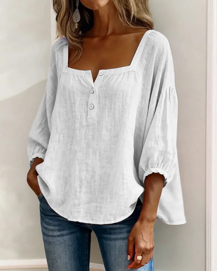 Leontien - Blusa De Algodón De Manga Larga Con Cuello Cuadrado