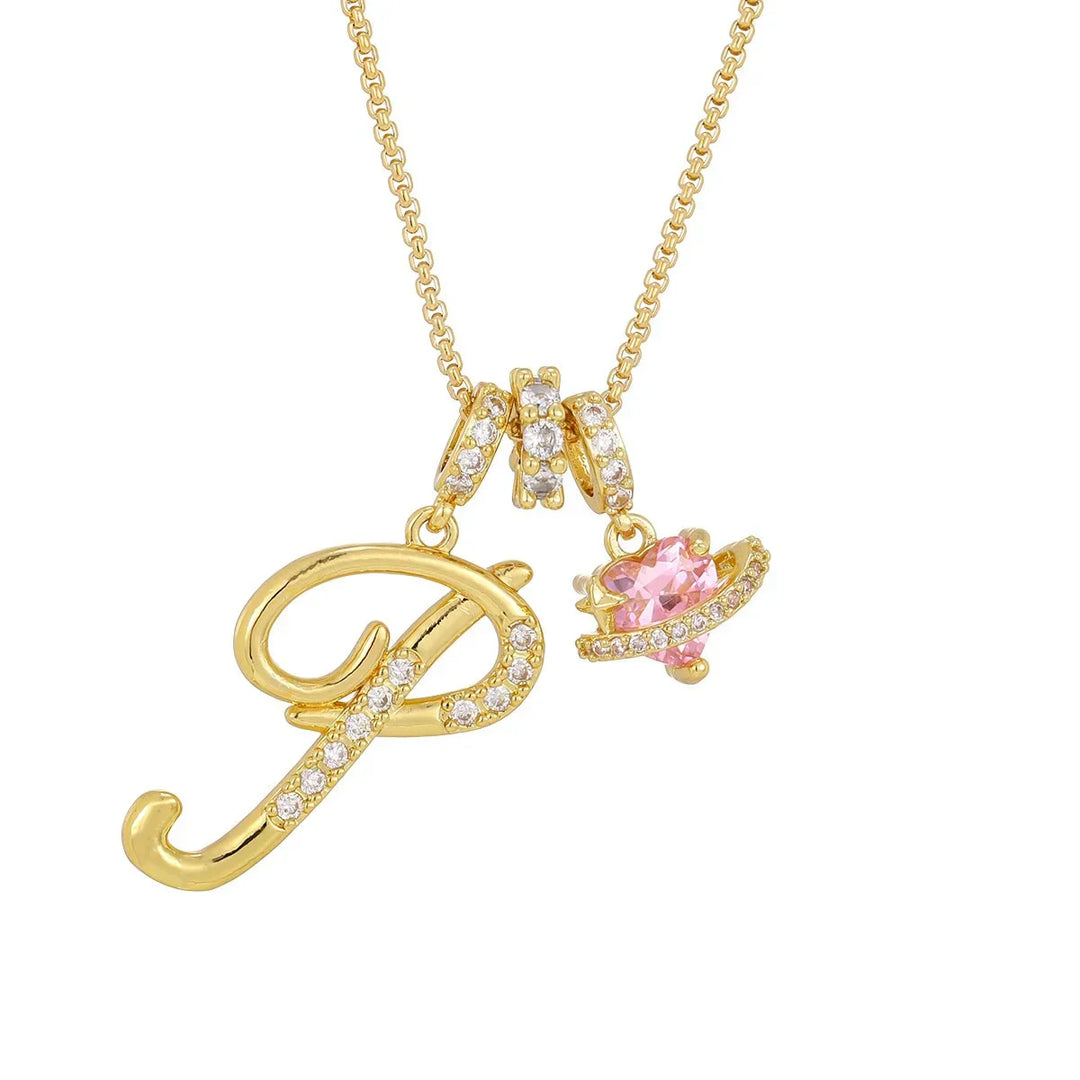 Nerute - Collar Con Inicial y Colgante de Corazón Rosa