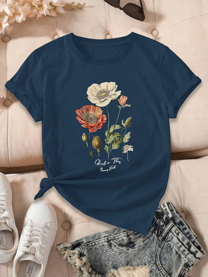 Aimilia - Elegante Camiseta De Manga Corta Con Estampado Floral