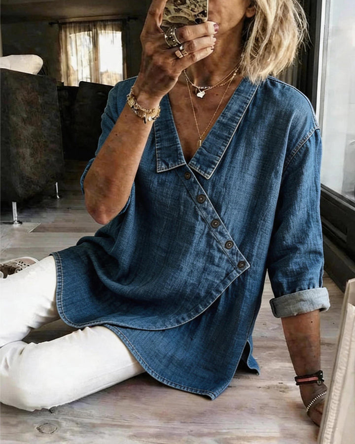 Olizia - Blusa Lisa Con Cuello Abotonado En Diagonal