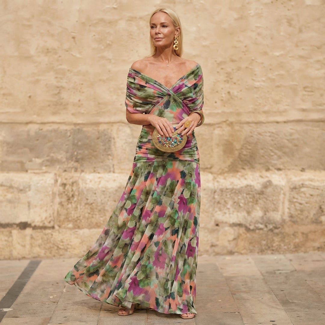 Nelyssa - Vestido Largo con Estampado floral y Hombros Descubiertos