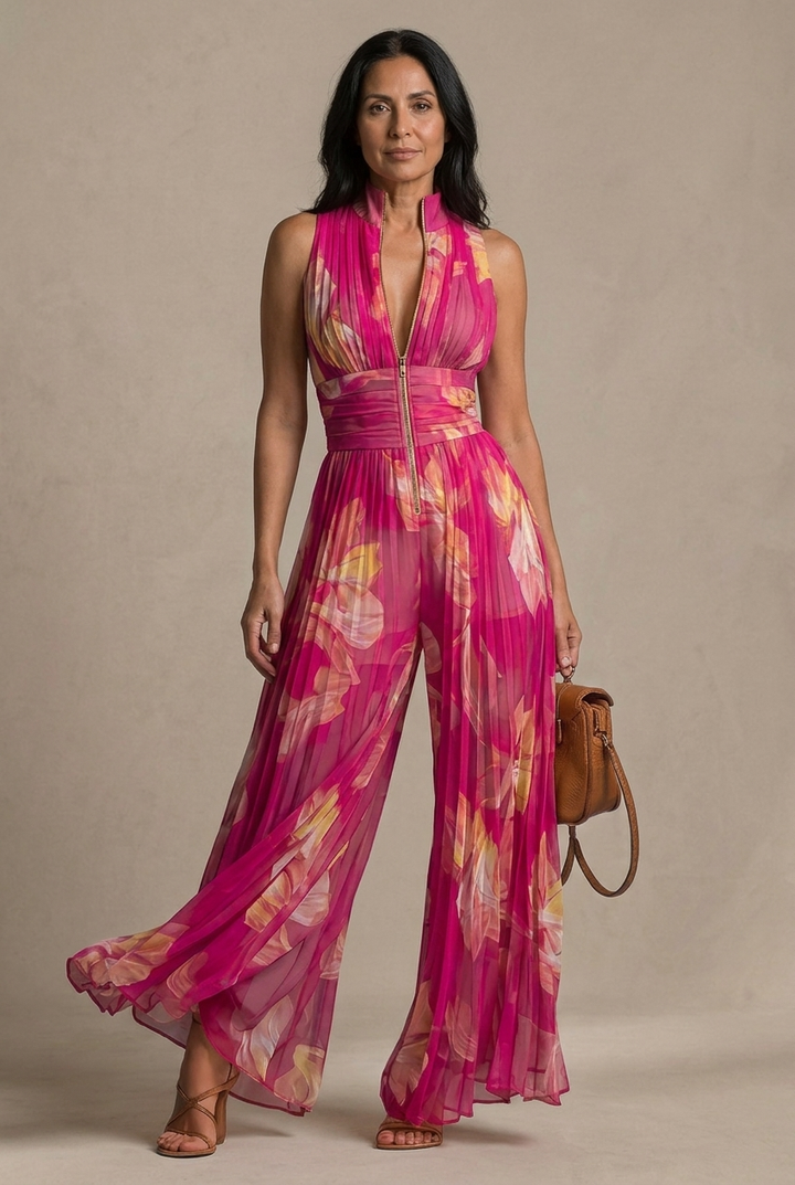 Lamai -  Elegante Mono Con Cuello Halter, Pliegues Y Pernera Ancha
