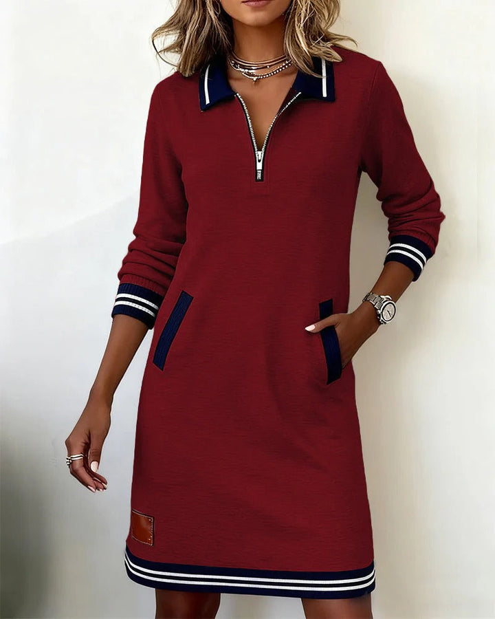 Zanda - Vestido Con Cuello Cruzado y Bolsillo En Contraste