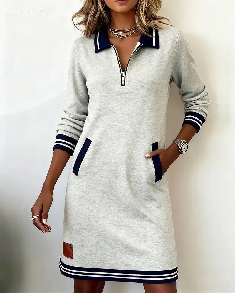 Zanda - Vestido Con Cuello Cruzado y Bolsillo En Contraste