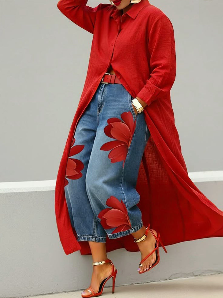 Sherena - Vestido De Lino y Vaqueros Con Estampado Floral