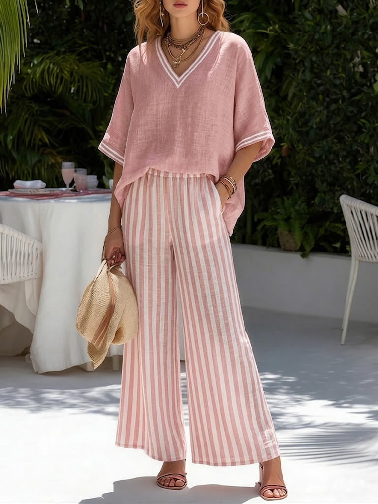 Rashika - Conjunto Elegante e Informal de Lino y Algodón a Rayas
