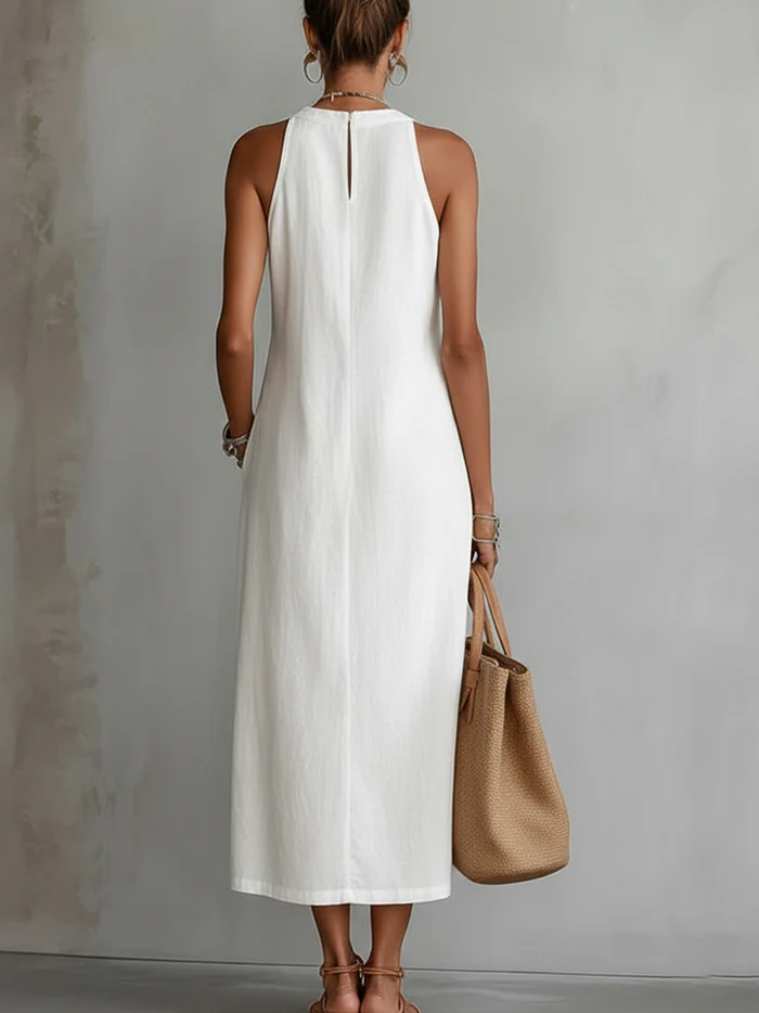 Devindi - Vestido Midi de Lino Con Cuello Mao
