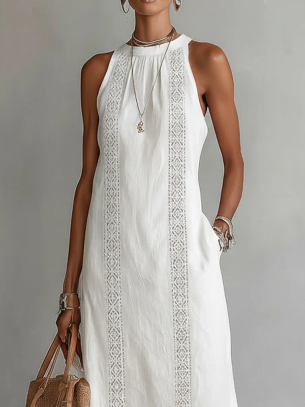 Devindi - Vestido Midi de Lino Con Cuello Mao