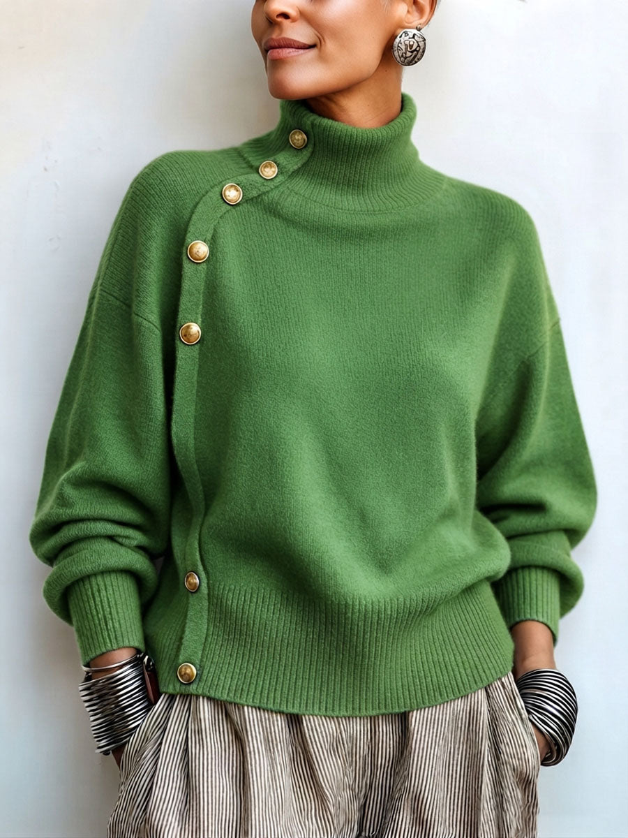 Lylian - Jersey de Manga Larga Con Cuello Alto y Ribete de Botones